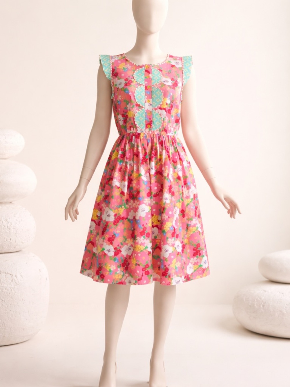 Matilda Jane Pink Floral Fit-and-Flare Mini Dress with Aqua Trim